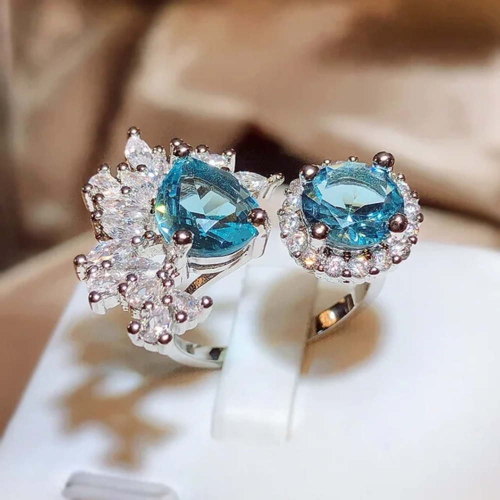 Blue Zircon On Silver Platinum Plated Women's Ring